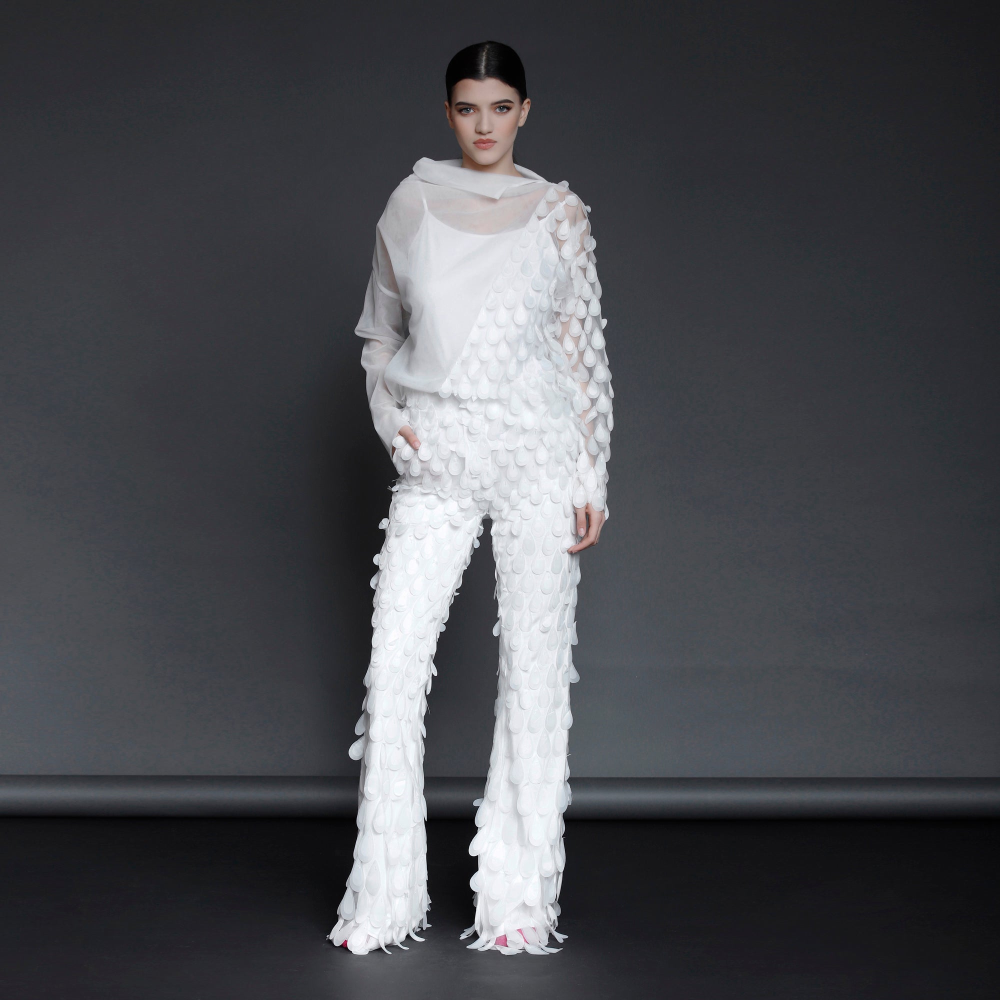 White Tulle Pants with 3D Appliqués