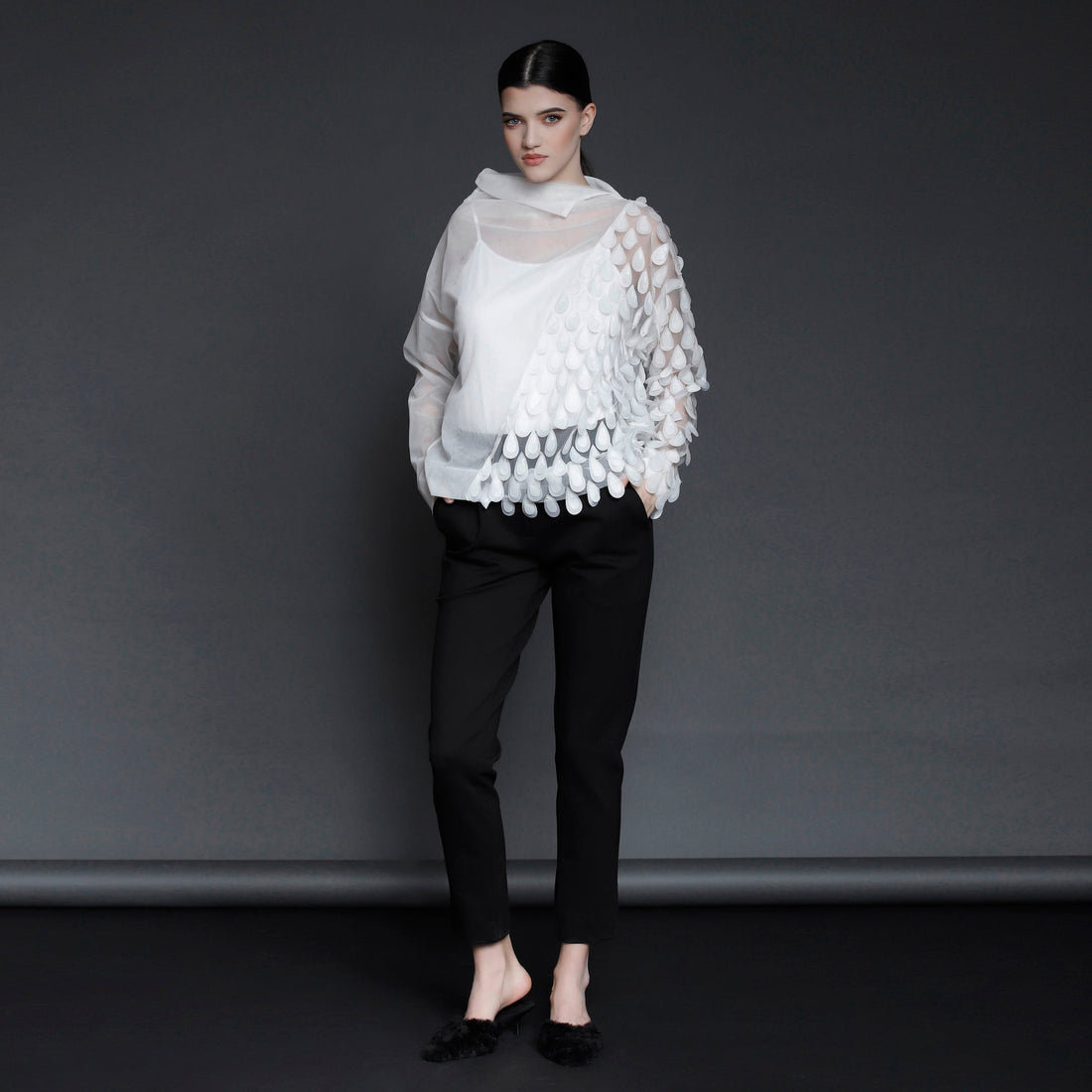 White Tulle Blouse with 3D Appliqués