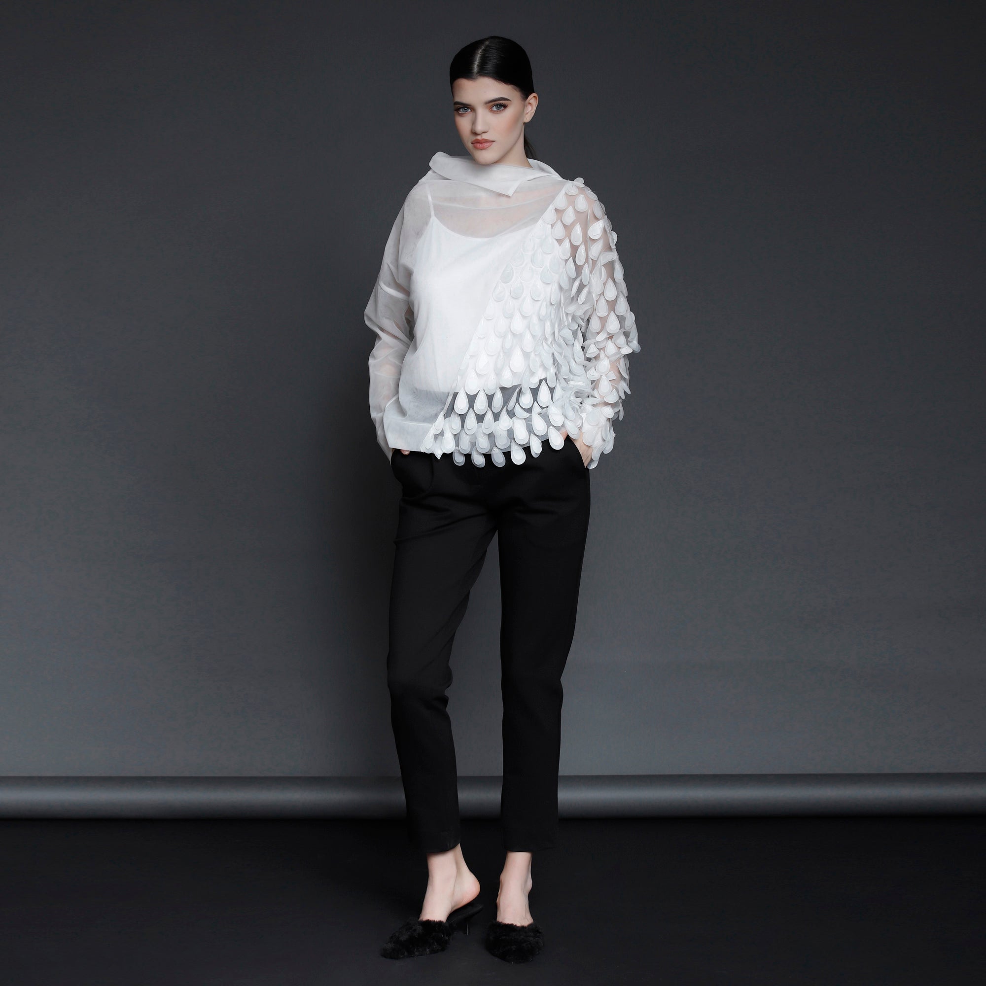 White Tulle Blouse with 3D Appliqués