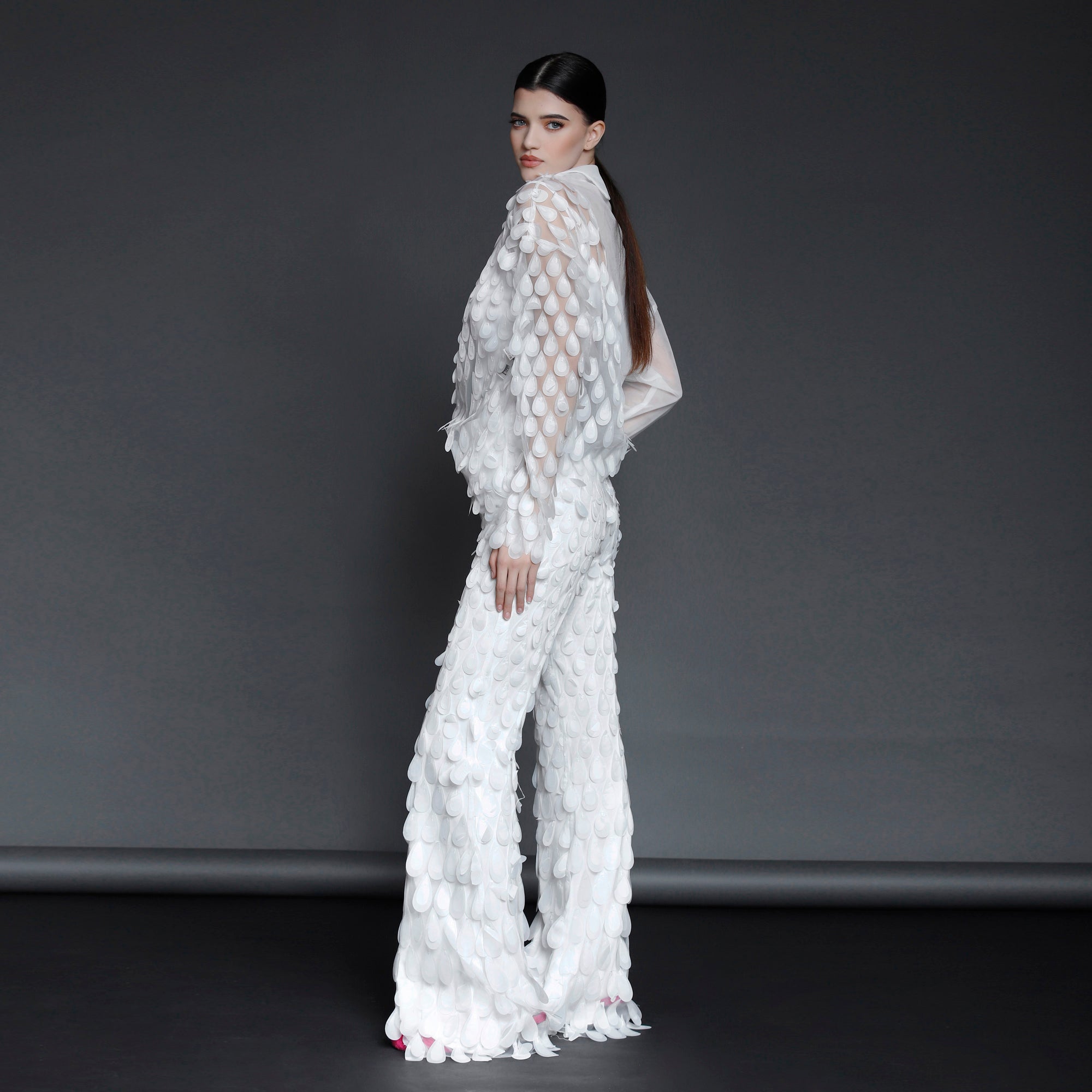 White Tulle Pants with 3D Appliqués