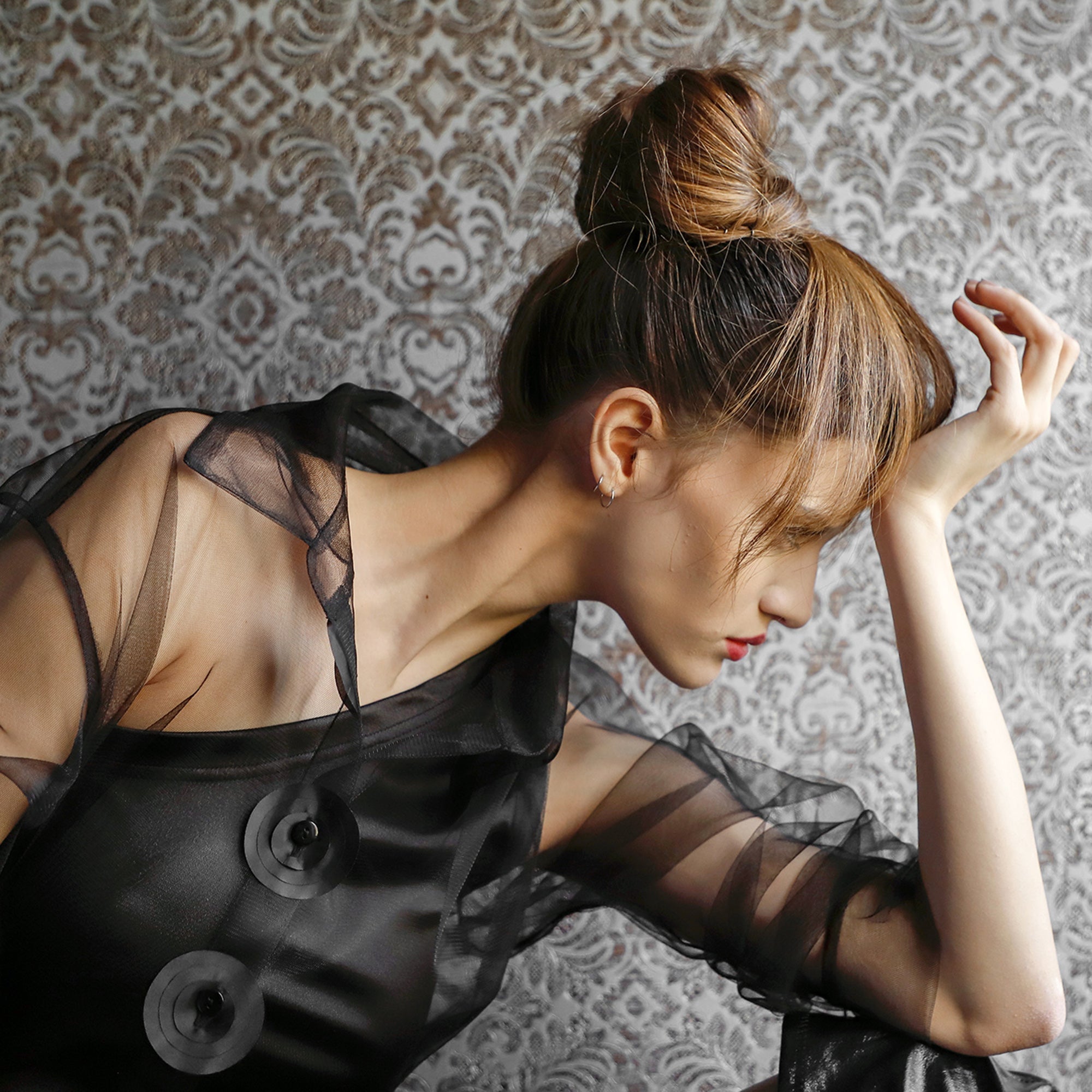 Black Fine Tulle Blouse with Organza Buttons