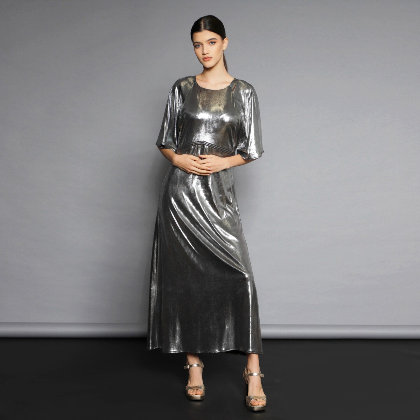 Silver A-Line Midi Dress in Metallic