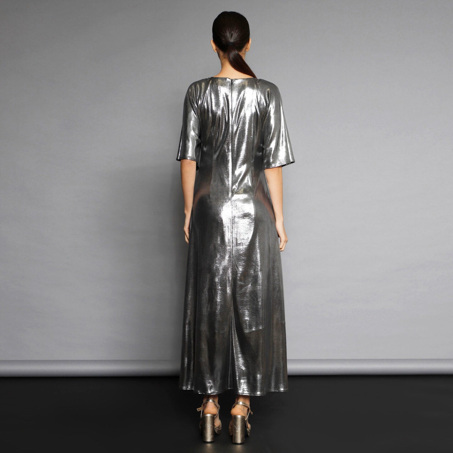 Silver A-Line Midi Dress in Metallic