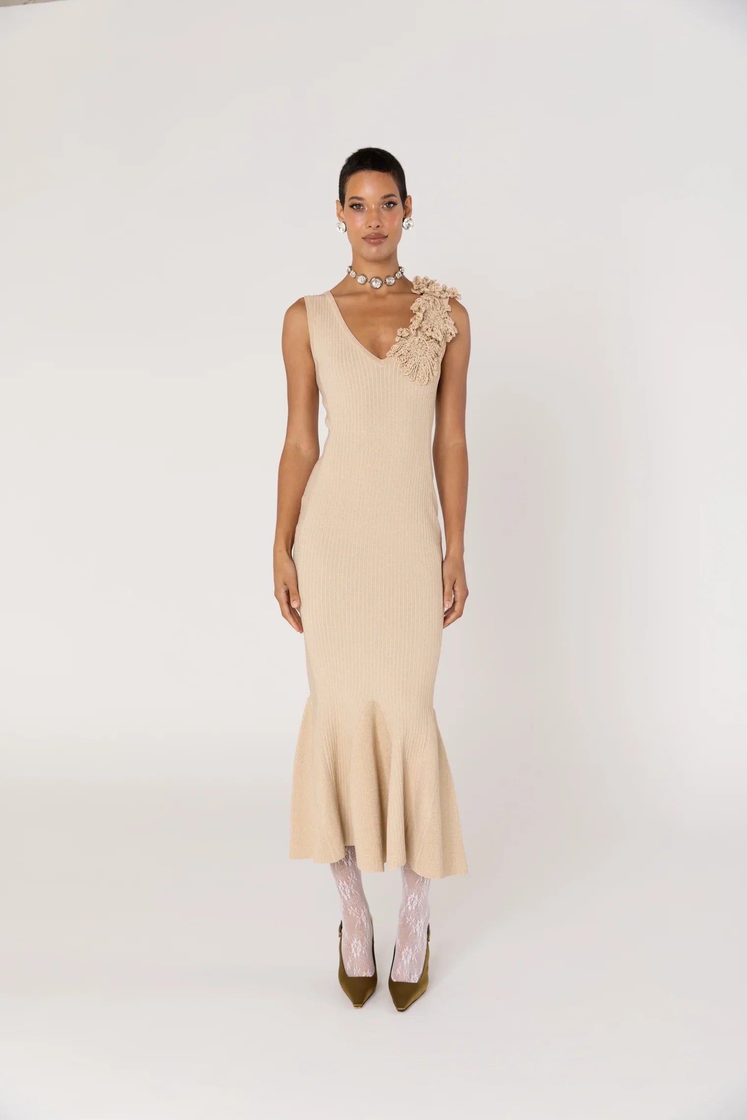 Beige Metallic Knit Midi Dress