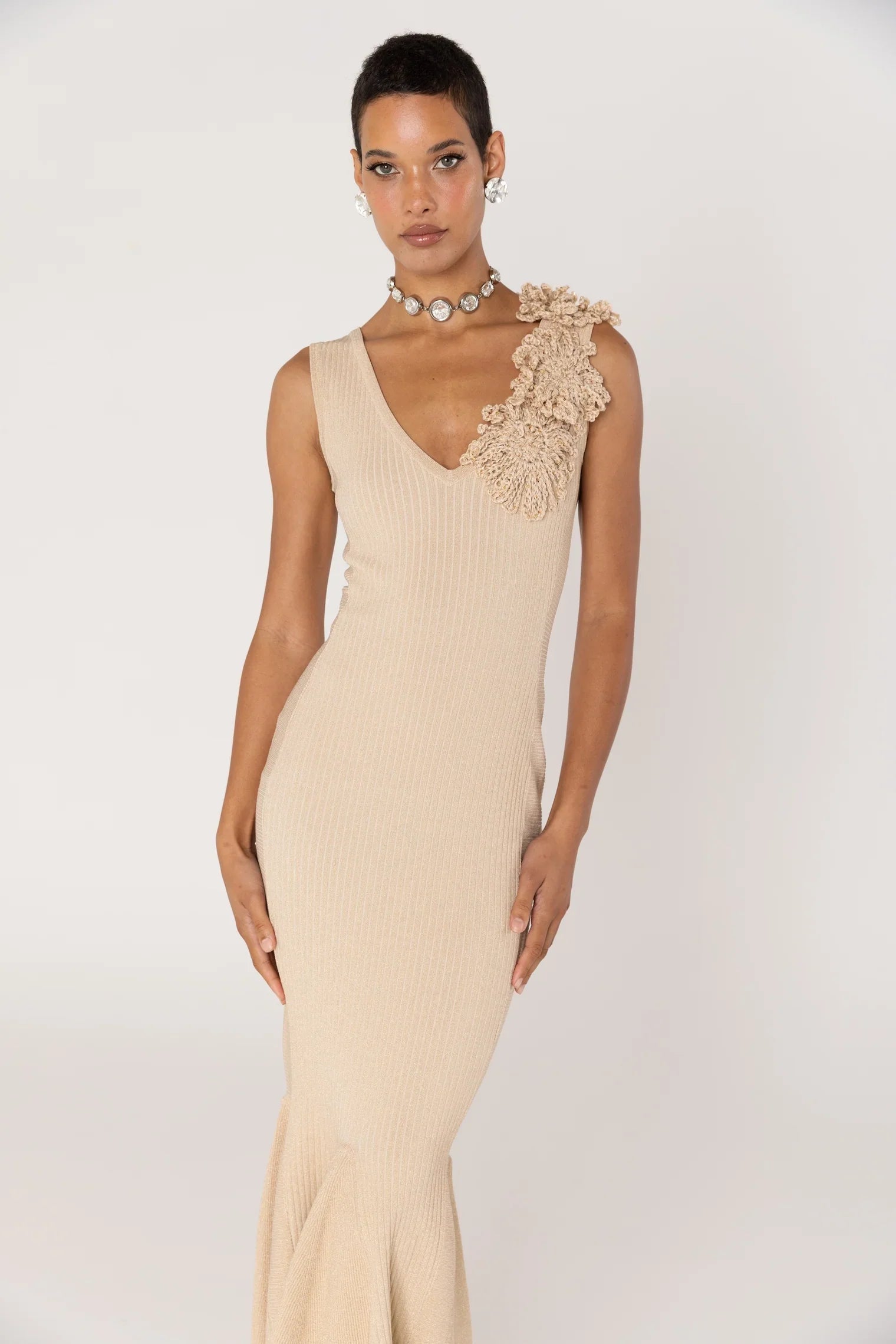 Beige Metallic Knit Midi Dress