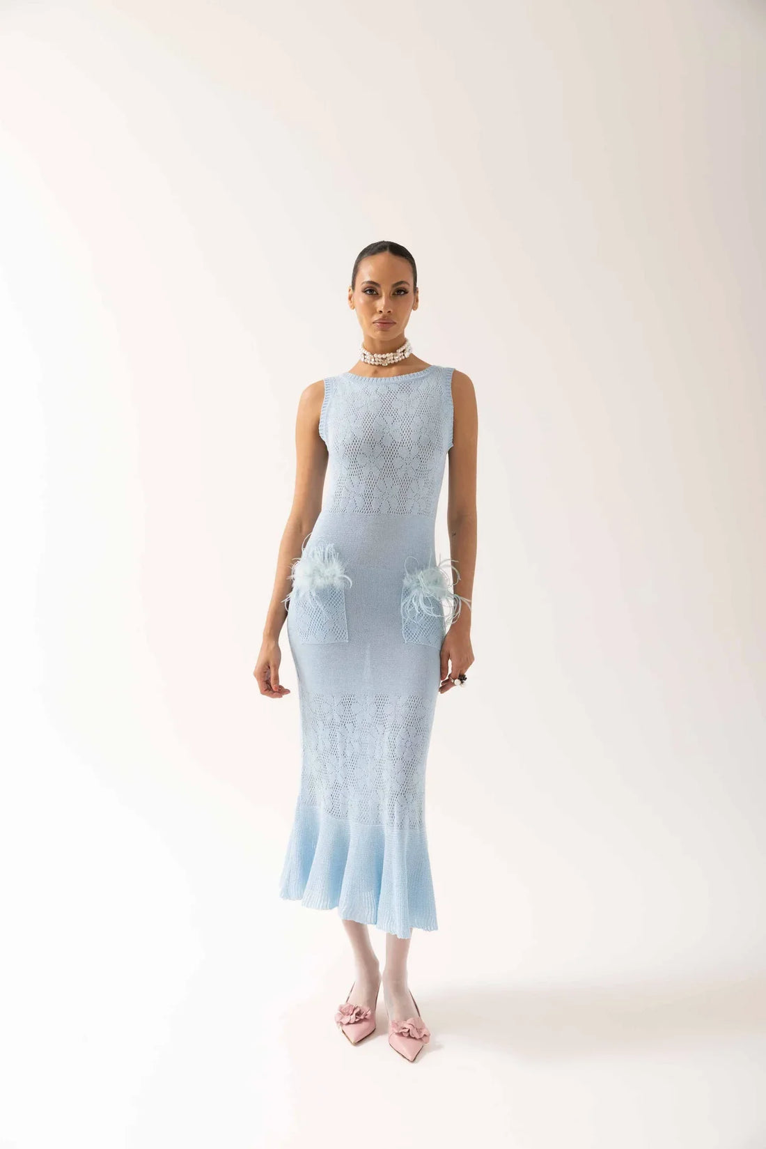Blue Knit Midi Dress with Feathers