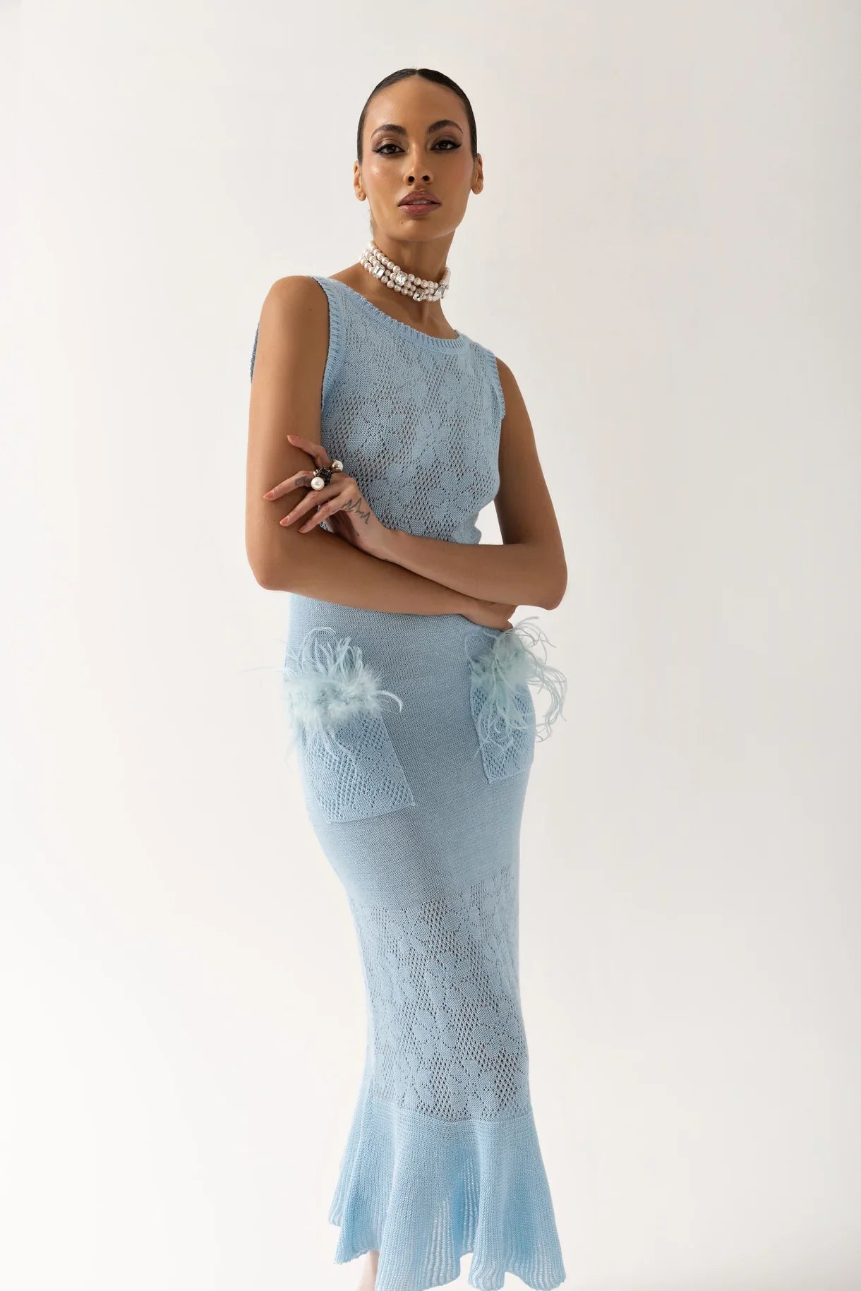 Blue Knit Midi Dress with Feathers