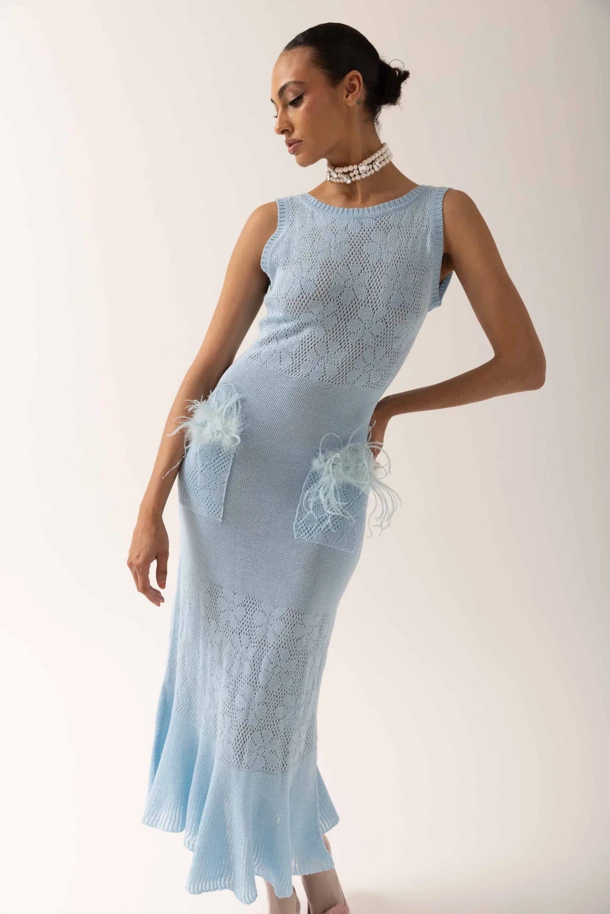 Blue Knit Midi Dress with Feathers