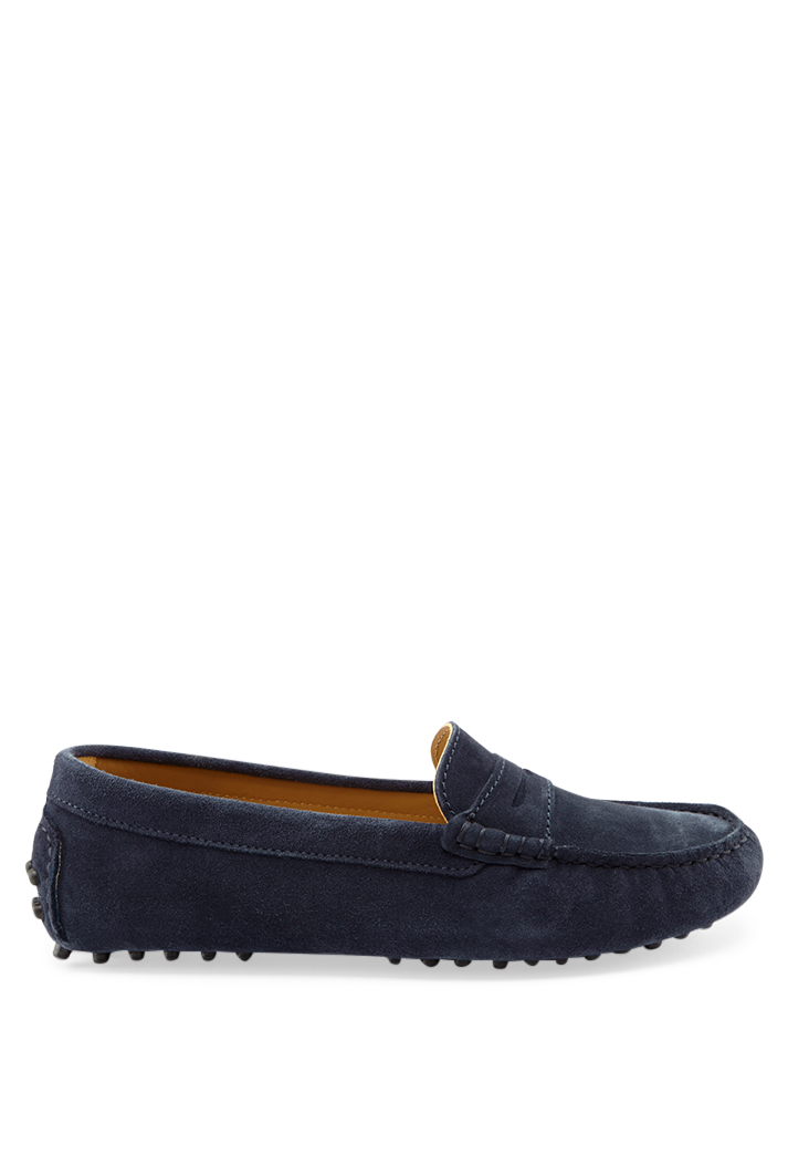Women's Navy Suede Penny Driving Loafers
