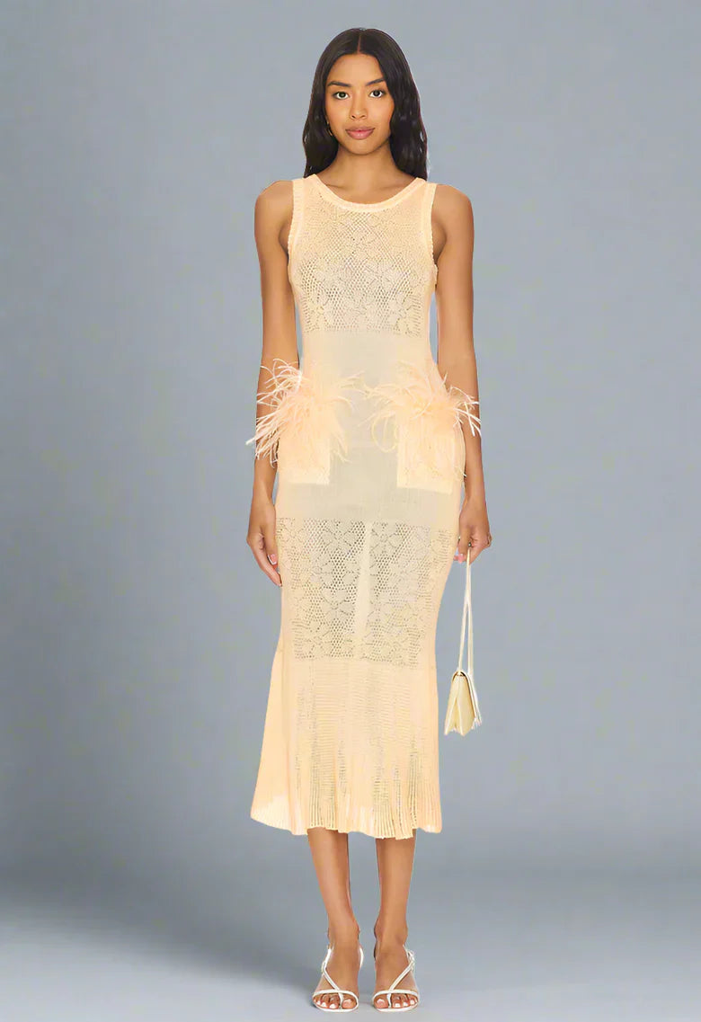 Butter Yellow Knit Midi Dress with Feathers