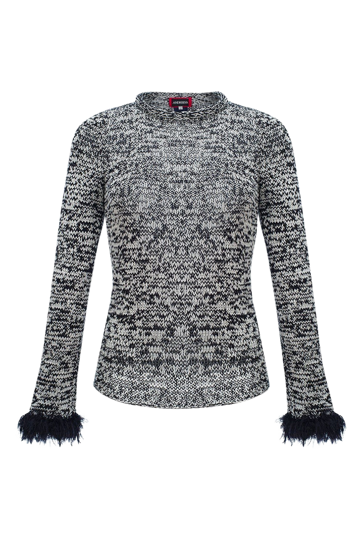 Grey Knit Sweater With Feather Cuffs