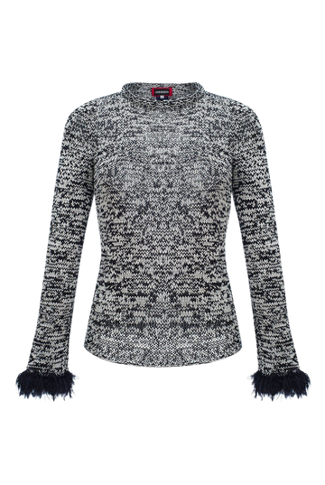 Grey Knit Sweater With Feather Cuffs