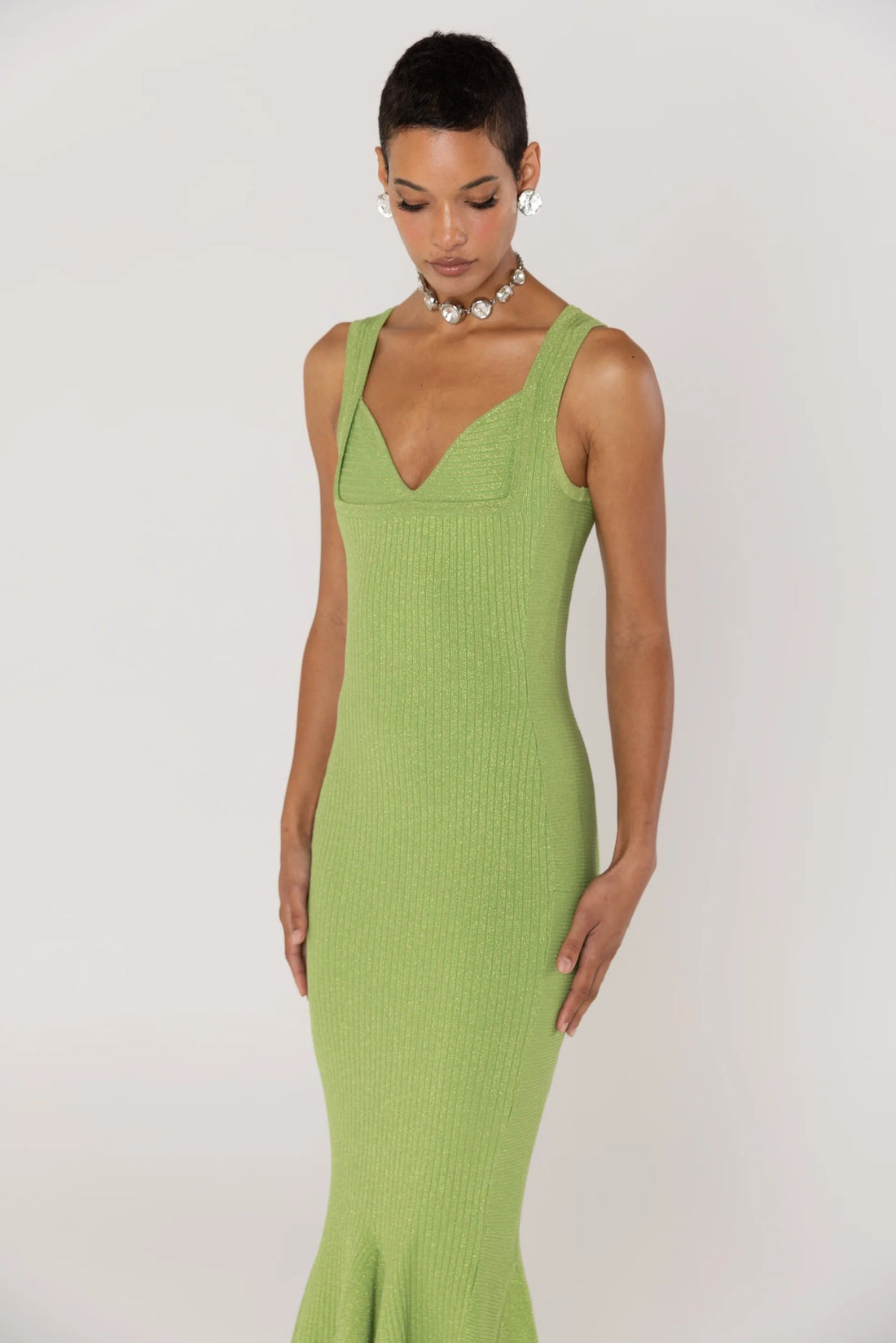 Green Metallic Knit Midi Dress