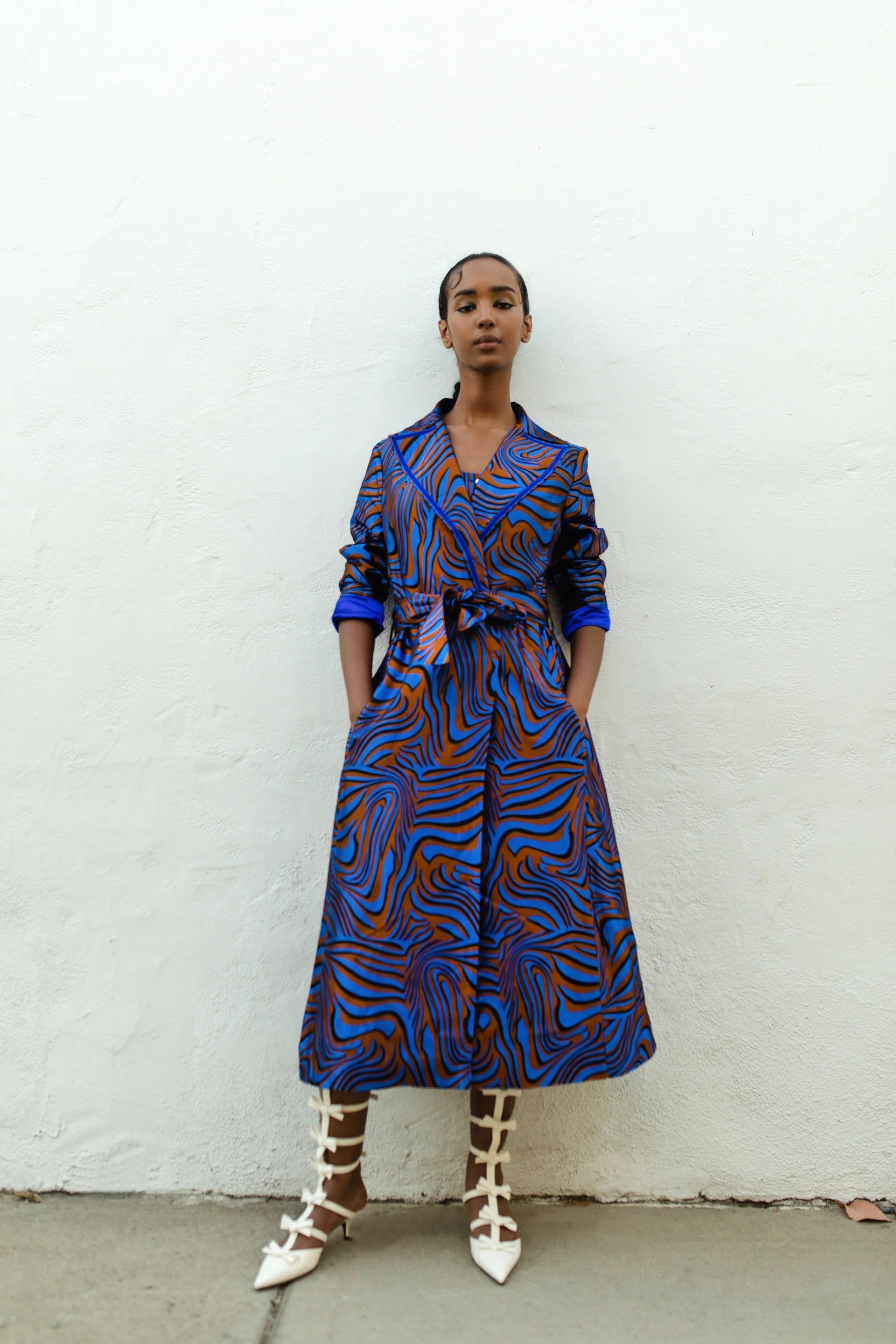 Bold Blue Patterned Coat with Belted Waist