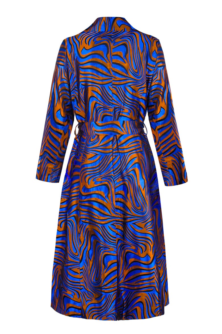 Bold Blue Patterned Coat with Belted Waist