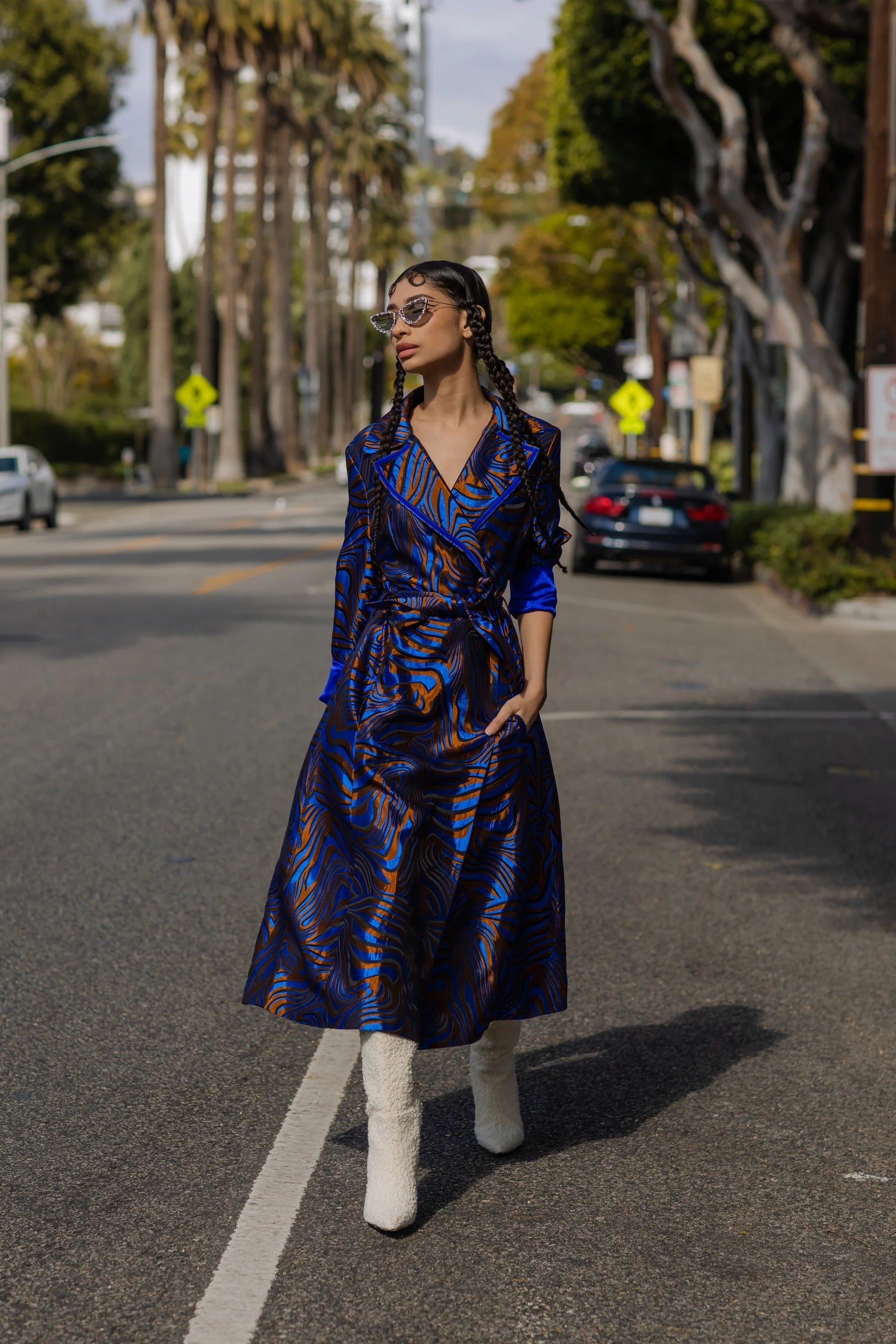 Bold Blue Patterned Coat with Belted Waist