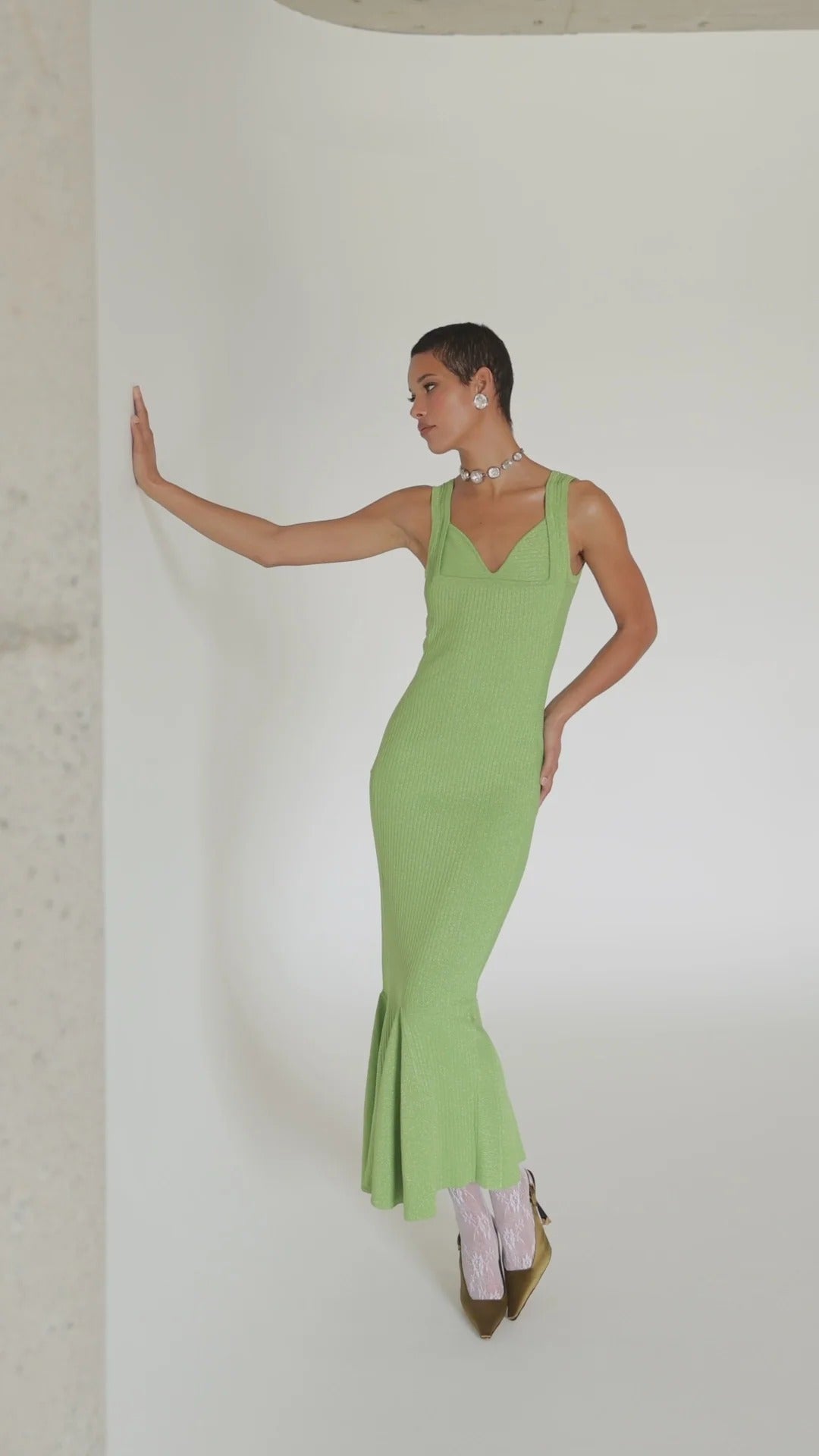 Green Metallic Knit Midi Dress