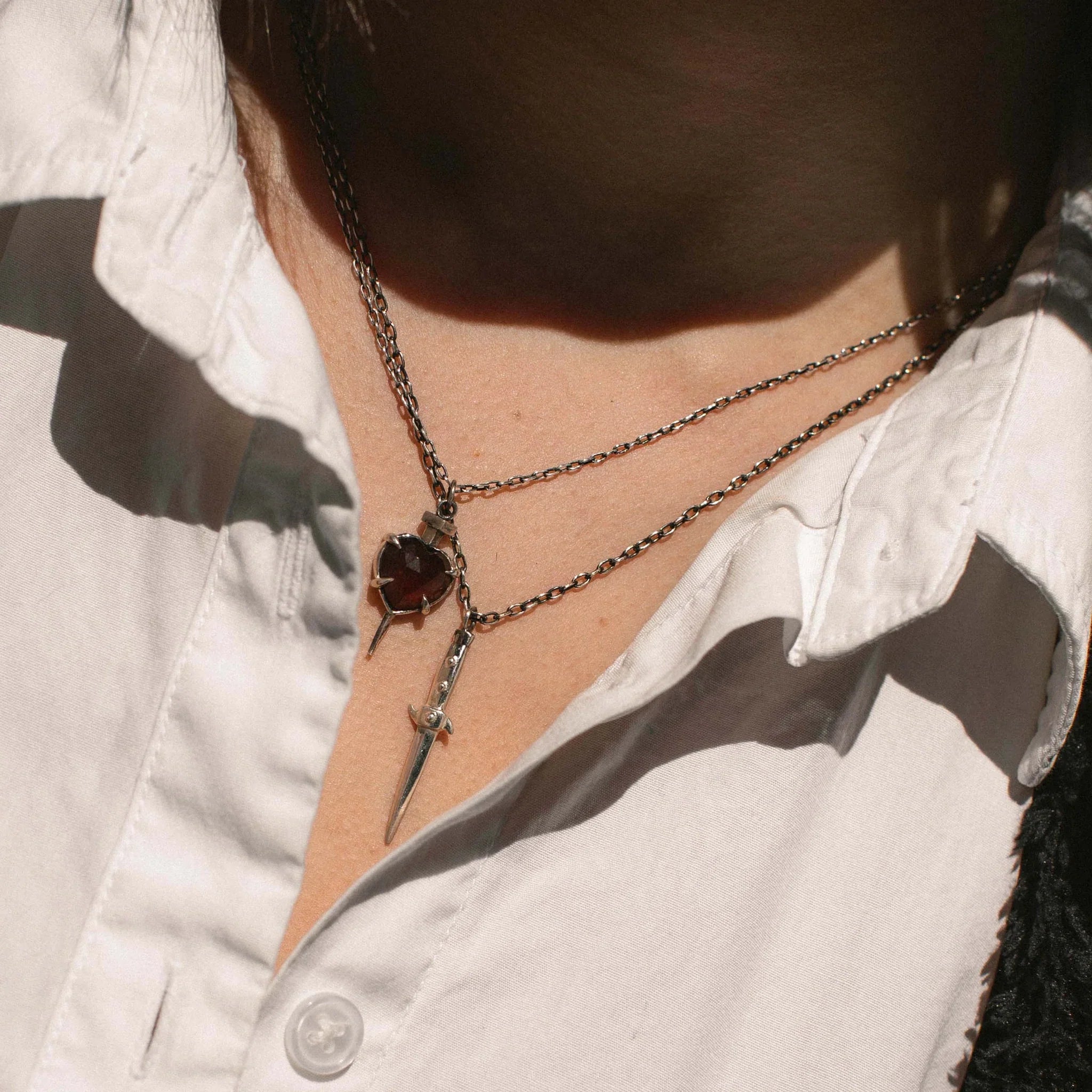 Nail Through Heart Necklace with Garnet | Sterling Silver