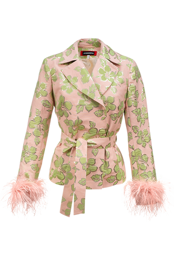 Pink Jacquard Jacket With Detachable Feather Cuffs