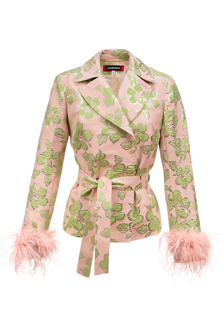 Pink Jacquard Jacket With Detachable Feather Cuffs