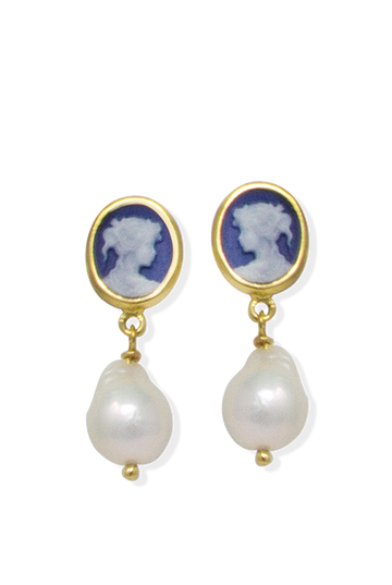 Blue Mini Cameo & Pearl Earrings