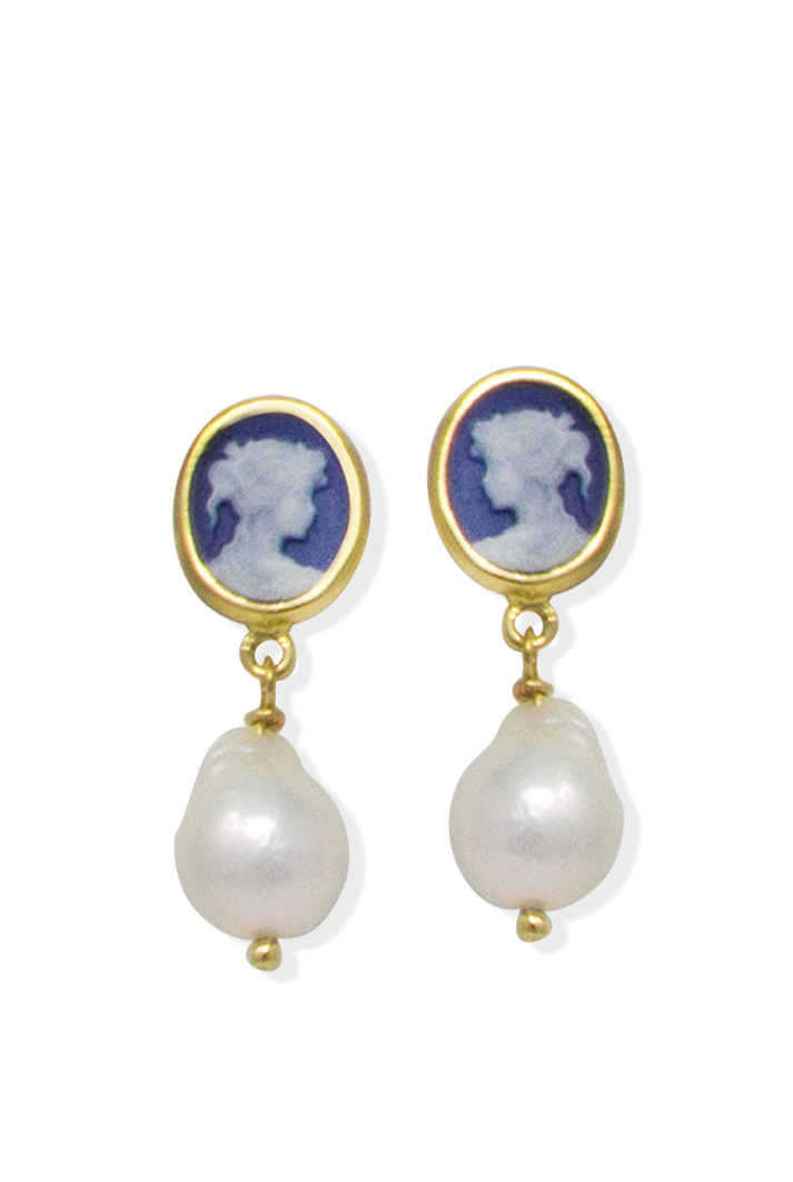 Blue Mini Cameo & Pearl Earrings
