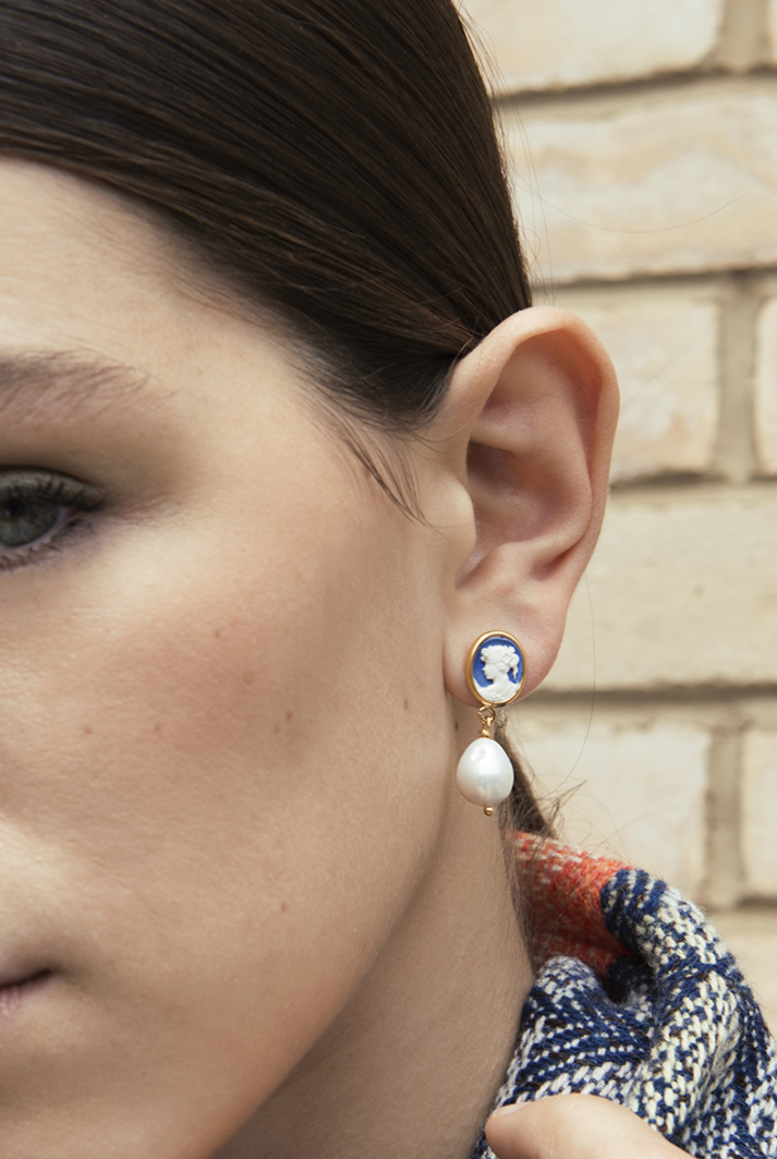 Blue Mini Cameo & Pearl Earrings